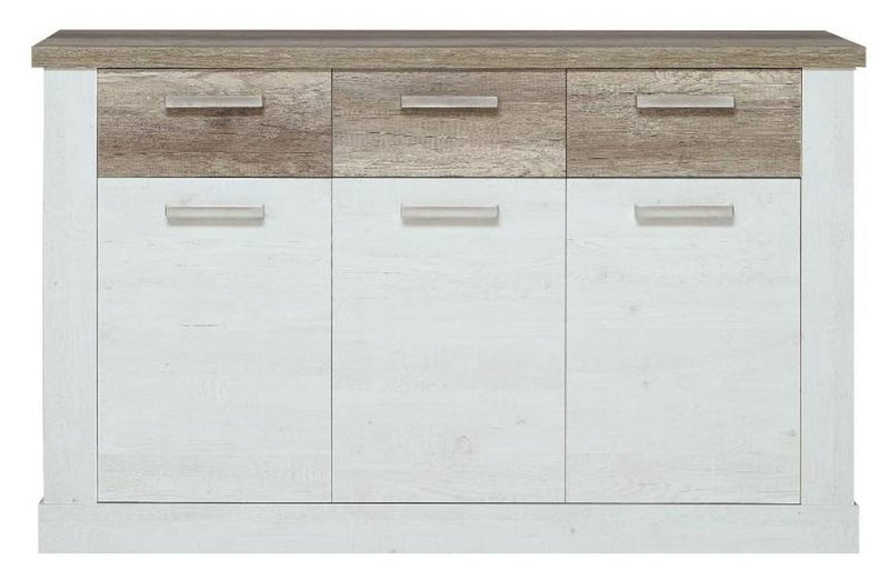Sideboard DURO mit drei Schubladen in Pinie-Optik oben und drei Türen in Weiß antik, Gesamtansicht von vorne.