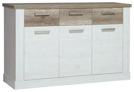 Sideboard DURO 3 Türen und 3 Schubladen in Pinie weiß antik, Gesamtansicht von vorne mit Holzplatte in heller Naturfarbe.