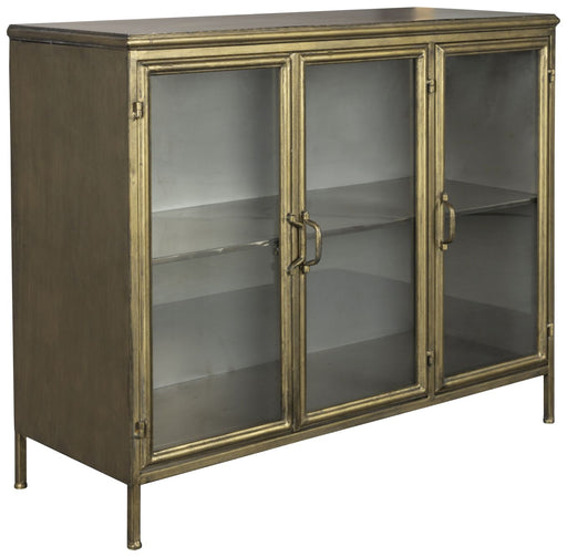 Vintage Metall Sideboard GERTLUSH von DutchBone in Gold mit drei Glastüren und Metallrahmen, Gesamtansicht.