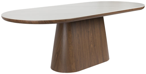 Esstisch ALMIRA Oval mit weißer Marmoroptik-Platte und Walnuss-Holzgestell in Gesamtansicht.