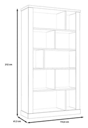 Technische Zeichnung des Bücherregal DURO mit fünf Fächern, 114,4 cm Breite × 212 cm Höhe × 41,3 cm Tiefe.