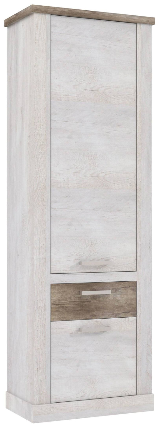 Mehrzweckschrank DURO mit einer großen Tür oben und einer Schublade unten, Gesamtansicht von vorne in Pinie weiß antik.