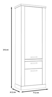 Technische Zeichnung des Mehrzweckschranks DURO mit Maßangaben: Höhe 212 cm, Breite 71,2 cm, Tiefe 41,3 cm.