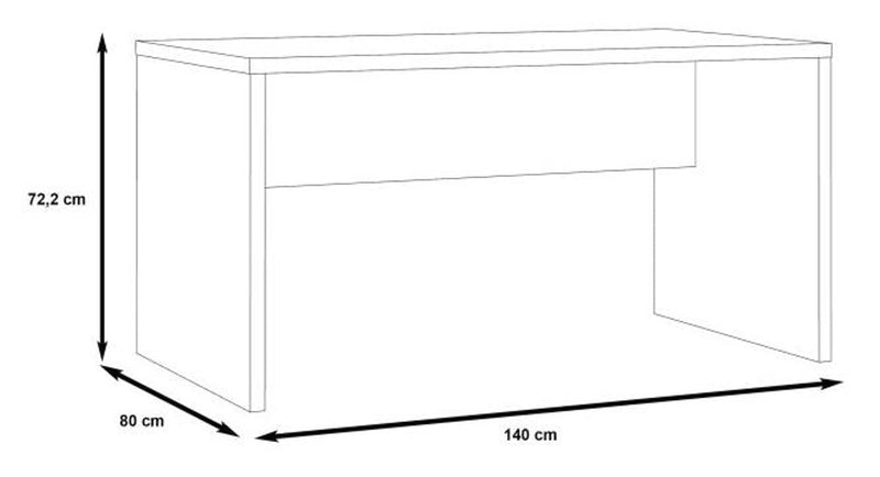 Technische Zeichnung des Bürotisch Schreibtisch DURO 140 cm Dekor Pinie weiß antik mit Maßangaben (140 x 80 x 72,2 cm).