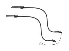Zwei schwarze LED-Bettleuchten mit flexiblen Schwannarmen und Stromkabel in Gesamtansicht.