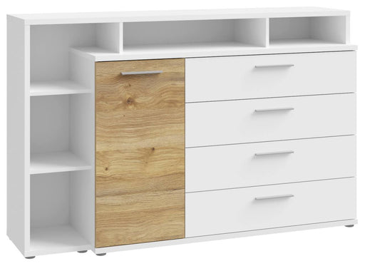 Sideboard Wäschekommode MAYACUS in Weiß mit Mauvella Eiche, Gesamtansicht mit offenen Fächern und Schranktür.