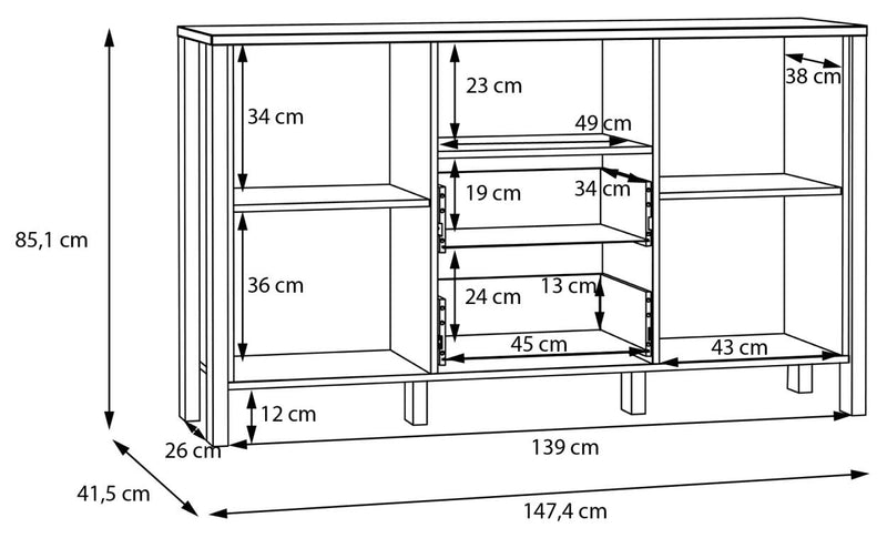 Sideboard Kommode SAITAMA Dekor Secret Grey und Mauvella Eiche Forte