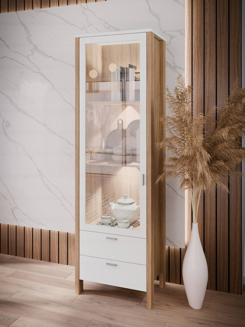 Vitrine SAITAMA Schrank mit Glastür Dekor Secret Grey und Eiche Optik