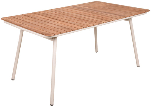 Gartentisch CARMEL mit Teakholzplatte und weißem Metallgestell in Gesamtansicht.