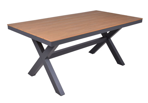 Gartentisch SILEA 3 mit Nonwood Tischplatte und X-förmigem Aluminium-Gestell in Natur, Gesamtansicht von schräg oben.