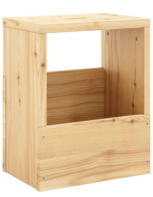 Beistelltisch Hocker GRAB-IT Ablage Kiefer natur mit offener Mittelablage und Stahlschrauben, Gesamtansicht.