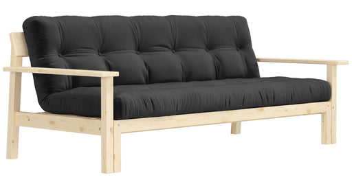 Schlafsofa UNWIND Sofa mit ausziehbarem Sitz in Gesamtansicht: Kiefer-Rahmen natur mit schwarzen Sitzkissen.