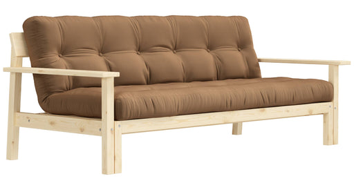 Schlafsofa UNWIND mit Kiefer-Holzrahmen und braun gepolstertem Sitz in Gesamtansicht von vorne.