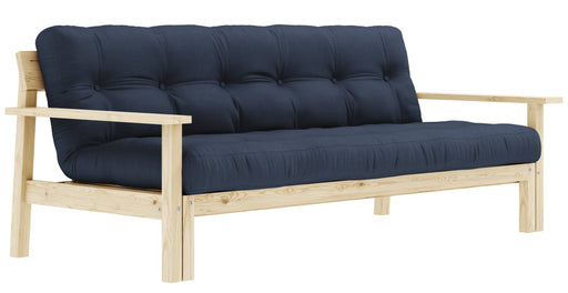 Schlafsofa UNWIND mit massiver Kiefernholzkonstruktion und dunkelblauem Polster in Gesamtansicht von vorn.