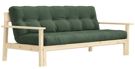 Schlafsofa UNWIND Sofa mit ausziehbarem Sitz in Kiefer massiv lackiert und grünem Polster, Gesamtansicht von vorne.