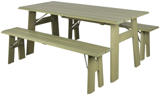 Garten Garnitur Tischgruppe AVENUE Zuiver 3-teilig mit grünem Aluminiumtisch und zwei Bänken in Gesamtansicht.