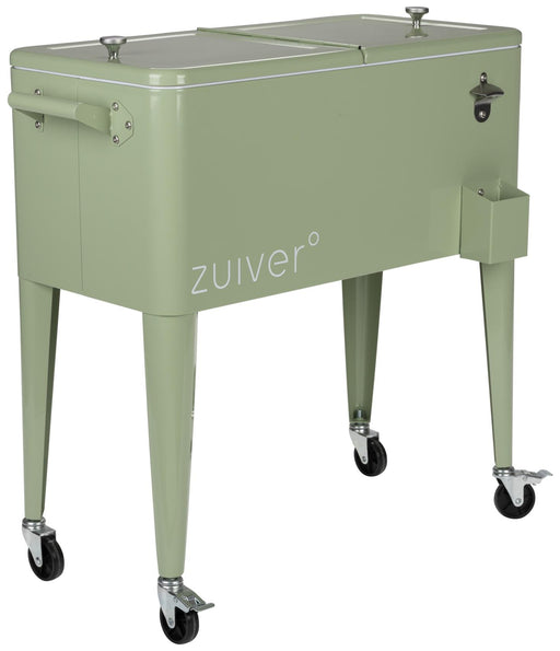 BE COOL Green Getränkekühler Eiswanne mit Flaschenöffner von ZUIVER in Gesamtansicht mit geöffnetem Deckel und Rollen.