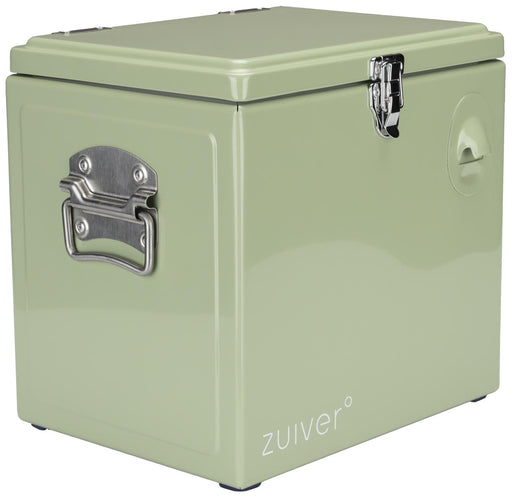 ZUIVER Cooler Be Cute Green Getränkekühler in Mintgrün mit verchromten Griffen und Flaschenöffner, Gesamtansicht.