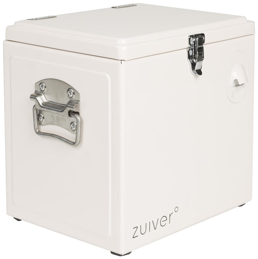 Gesamtansicht des ZUIVER Cooler Be Cute Cream Getränkekühlers mit Metallgriffen und Flaschenöffner an der Vorderseite.