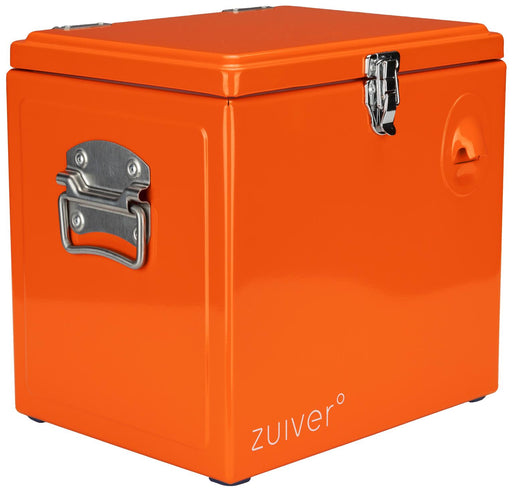 Gesamtansicht des ZUIVER Cooler Be Cute Orange Getränkekühlers in leuchtendem Orange mit Metallgriffen und Flaschenöffner.