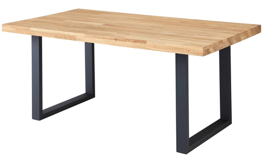 Esstisch CHRIS U 180 x 100 cm mit massiver Eichenholzplatte und schwarzem Metall-Kufengestell in Gesamtansicht.