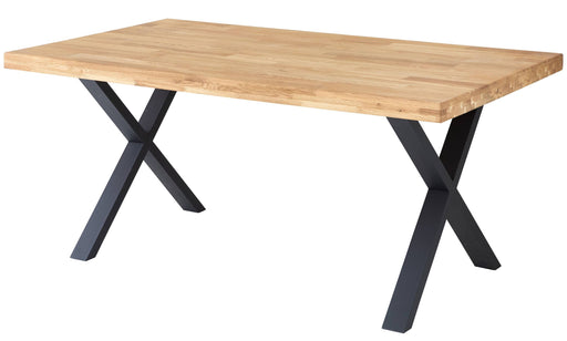 Esstisch CHRIS X 180 x 100 cm mit Eichenholzplatte und schwarzem Metall-Kufengestell in Gesamtansicht.