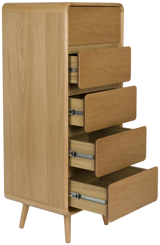 Schrank Kommode RISE Natural mit vier geöffneten Schubkästen aus Esche und Eiche, Gesamtansicht von vorne.