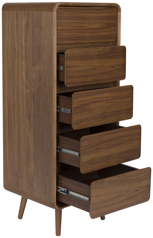 Schrank Kommode RISE Walnuss von ZUIVER mit geöffneten Schubkästen in Gesamtansicht von vorne.