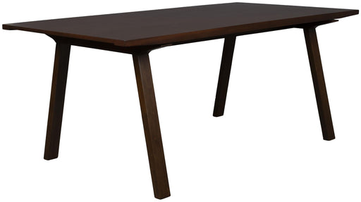 Esstisch ADAMELLO 180 x 95 cm in Gesamtansicht mit dunkler, walnussfarbiger Holzplatte und schrägen Beinen.