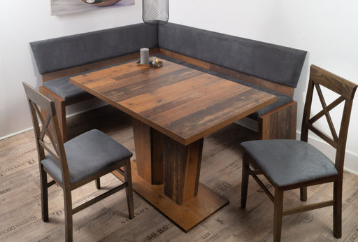 Eckbankgruppe NARDONE mit Eckbank in Grau, Holztisch in Old Wood Vintage und zwei Stühlen mit Kunstlederbezug, Gesamtansicht.