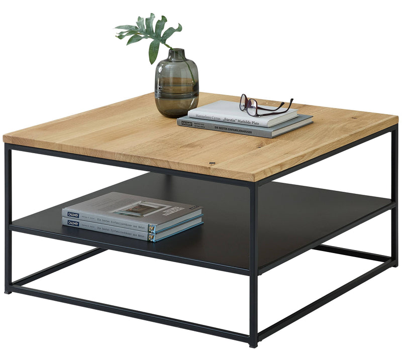Wohnzimmertisch TILDA 75 x 75 Platte Eiche geölt Metallgestell mit Ablage