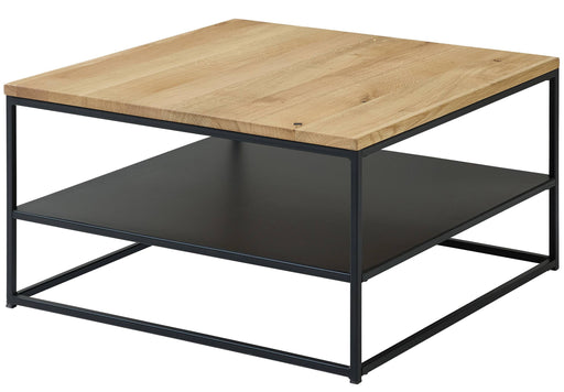 Couchtisch TILDA 75 x 75 mit Eichenholzplatte und schwarzem Metallgestell sowie Ablagefläche in Gesamtansicht.