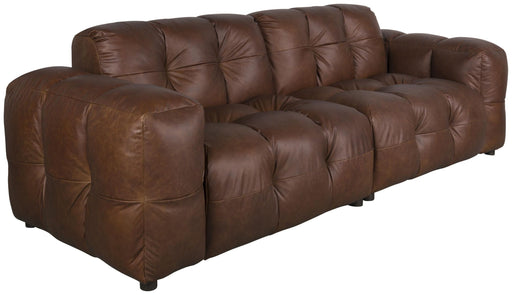 HACKMAN 3-Sitzer Sofa dunkelbraun von DUTCHBONE in Gesamtansicht mit gesteppter Polsterung und gerundeten Armlehnen.