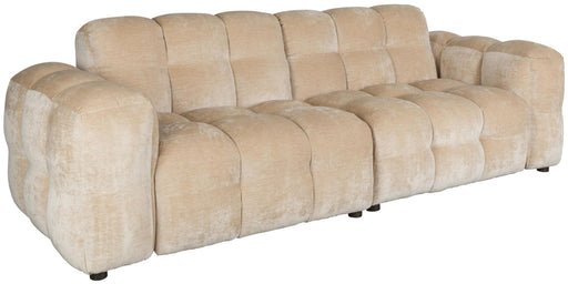 HACKMAN 3-Sitzer Sofa Velours Beige in Gesamtansicht mit gerundeten, gesteppten Polstern und kompakten Füßen.