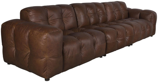HACKMAN 4,5-Sitzer Sofa Echtleder dunkelbraun in Gesamtansicht mit gesteppter Oberflaeche und Kugelfuessen.