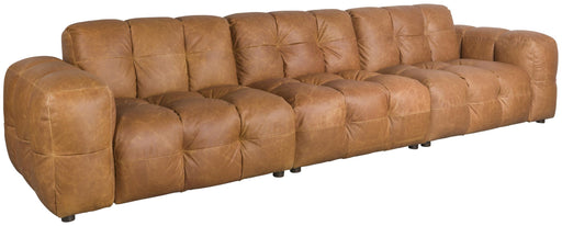 HACKMAN 4,5-Sitzer Sofa Echtleder Cognac in Gesamtansicht mit gesteppter Polsterung und Metallfüßen.