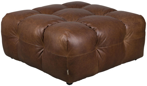 HACKMAN Hocker 100 x 100 cm Echtleder Dunkelbraun, Gesamtansicht von vorne mit gepolsterter, gesteppter Oberfläche.