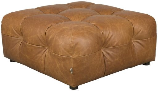 HACKMAN Hocker 100 x 100 cm Echtleder Cognac, quadratischer gesteppter Lederhocker in Cognac mit gewölbter Oberfläche.