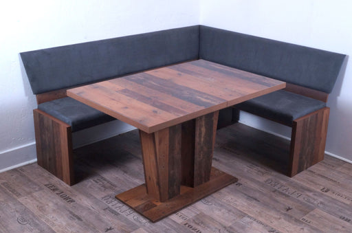 Eckbank MILANO 185 x 150 cm mit grauem Polsterbezug und Old Wood Vintage Gestell, Gesamtansicht mit integriertem Esstisch.