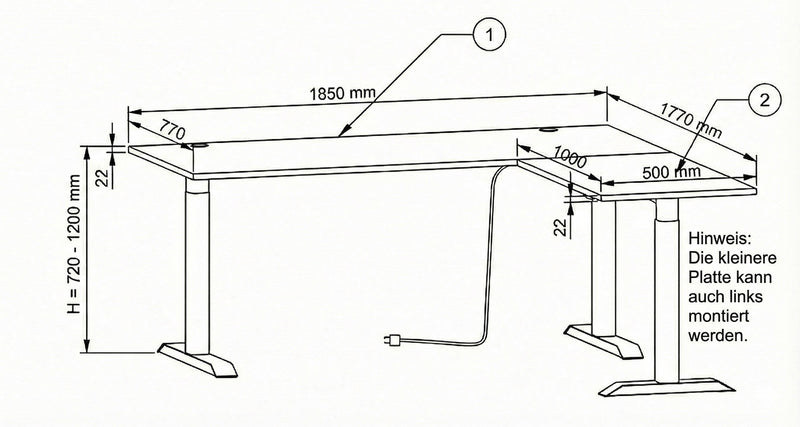 Höhenverstellbarer Eckschreibtisch SONOS Altesche furniert 185 x 177cm