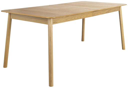 Esstisch GLIMPS von ZUIVER 180 x 90 ausziehbar, Eiche furniert, Gesamtansicht mit rechteckiger Platte und schlanken Beinen.