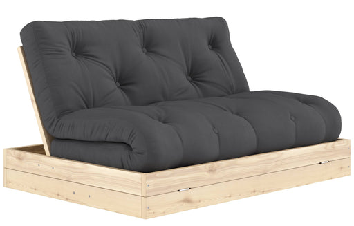 Schlafsofa FLIP Sofa Bett Kiefer massiv unbehandelt mit grauem Baumwoll-Polyester-Bezug in Gesamtansicht.