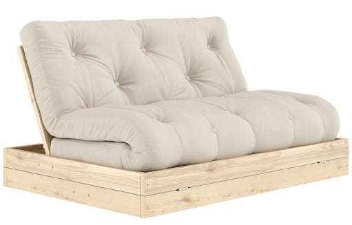 Schlafsofa FLIP Sofa Bett mit gestepptem Bezug in Natur und Kiefer-Massivholzrahmen in Gesamtansicht.