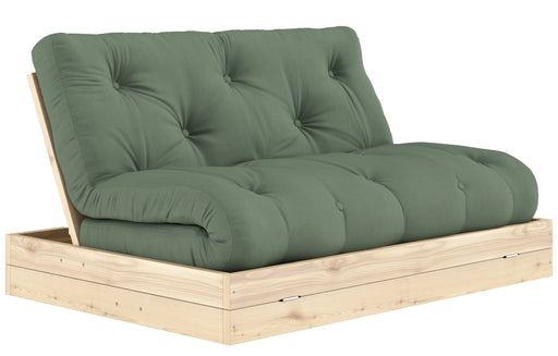 Schlafsofa FLIP Sofa Bett mit graugrünem Polsterbezug in aufgeklappter Position auf Kiefer-Massivholzrahmen, Gesamtansicht.