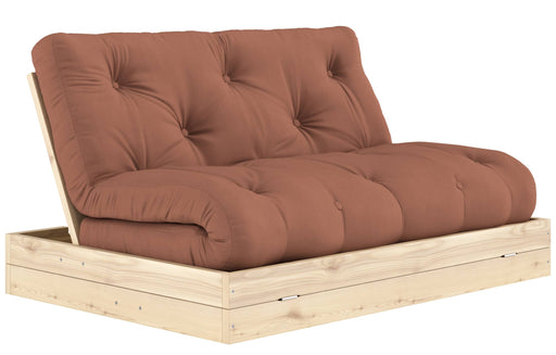Schlafsofa FLIP Sofa Bett Kiefer massiv unbehandelt mit terrakottafarbenem Bezug in Gesamtansicht.