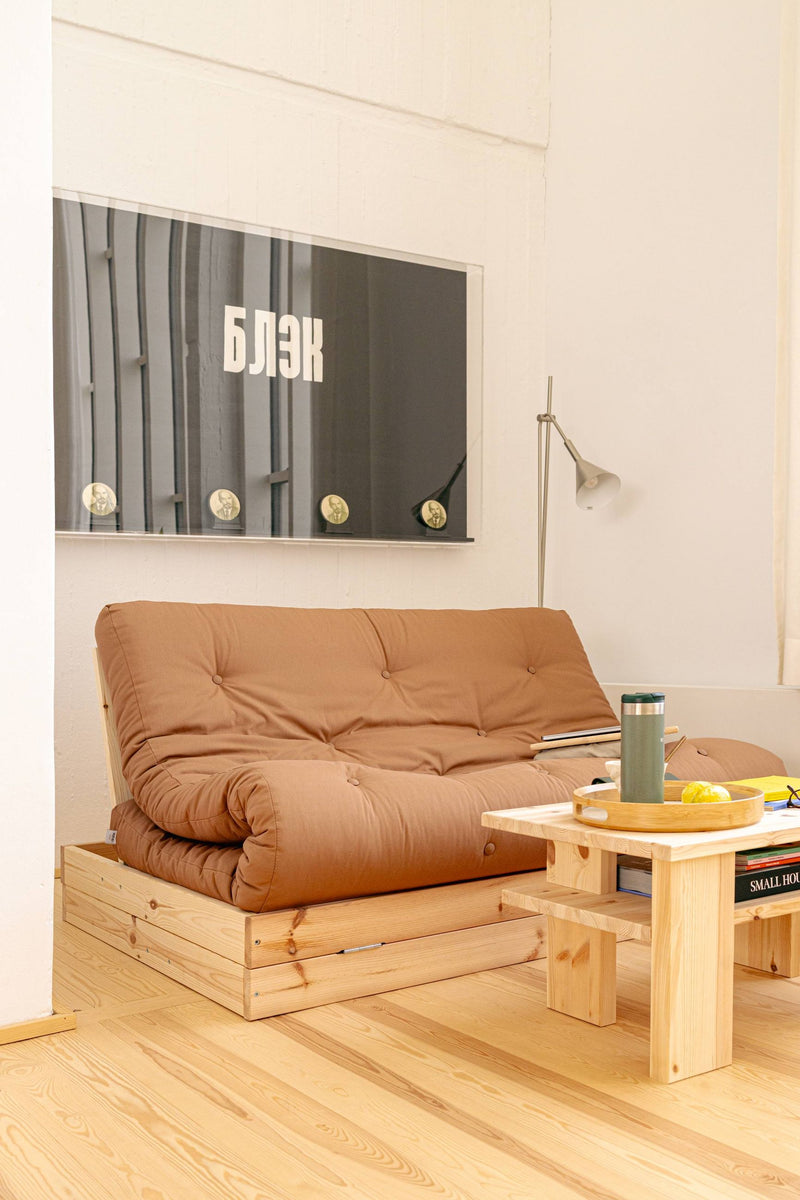 Schlafsofa FLIP Sofa Bett Kiefer massiv unbehandelt Klappcouch von Karup mit Tisch