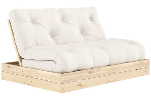 Schlafsofa FLIP Sofa Bett Kiefer massiv unbehandelt in Naturholz mit cremefarbenem Baumwoll-Polyester-Bezug, Gesamtansicht.