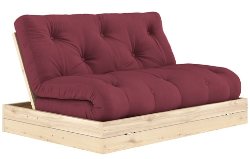 Schlafsofa FLIP Sofa Bett Kiefer massiv unbehandelt mit bordeauxrotem Bezug in Gesamtansicht.