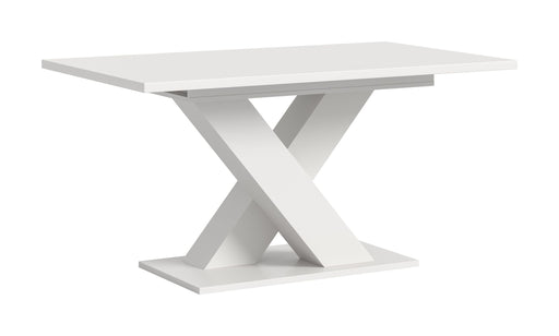 Esstisch ausziehbar Weiß X-Fußgestell 150-190 cm in Gesamtansicht mit rechteckiger Tischplatte und gekreuztem Fußgestell.
