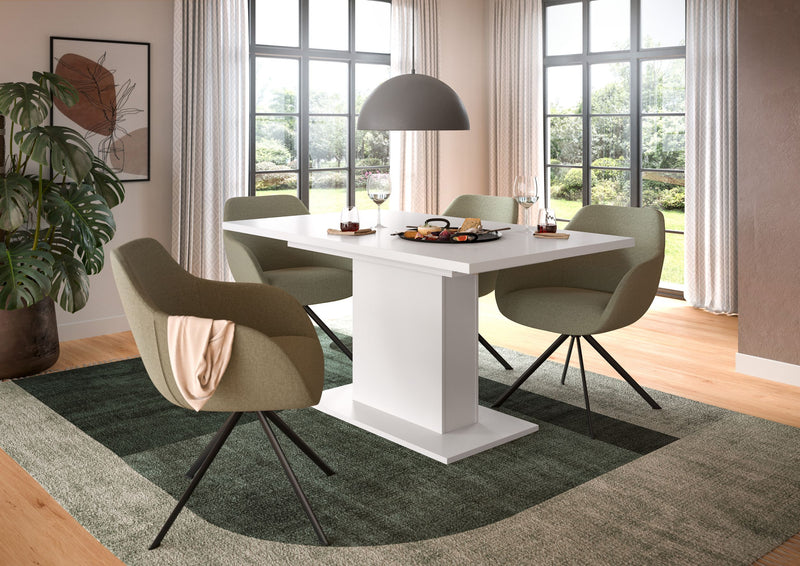 Esstisch ausziehbar Weiß, modernes Design, Säulen-Fußgestell